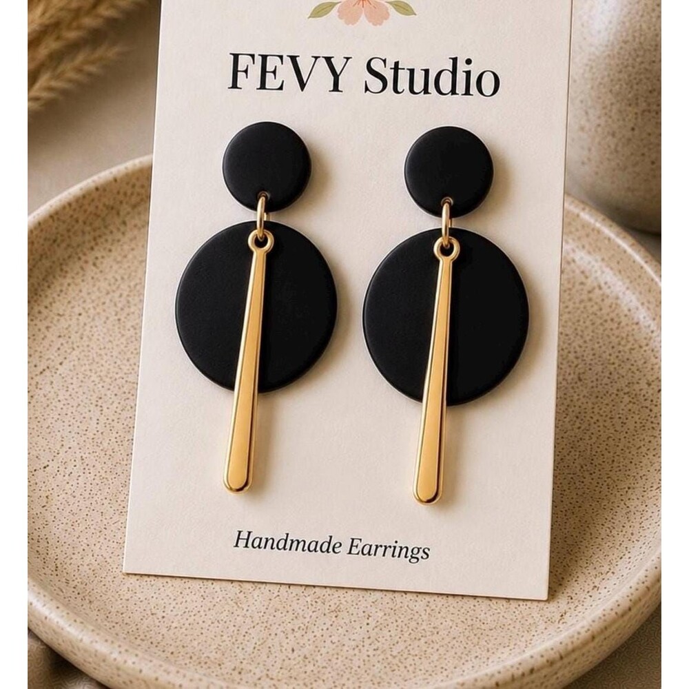 Black Geometric Earrings | Handmade Polymer Clay Dangle Statement Jewelry